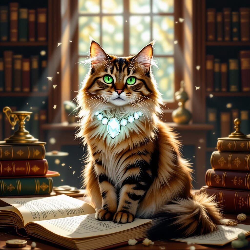 Emerald-Eyed Cat in Sunlit Library, Nostalgic Art