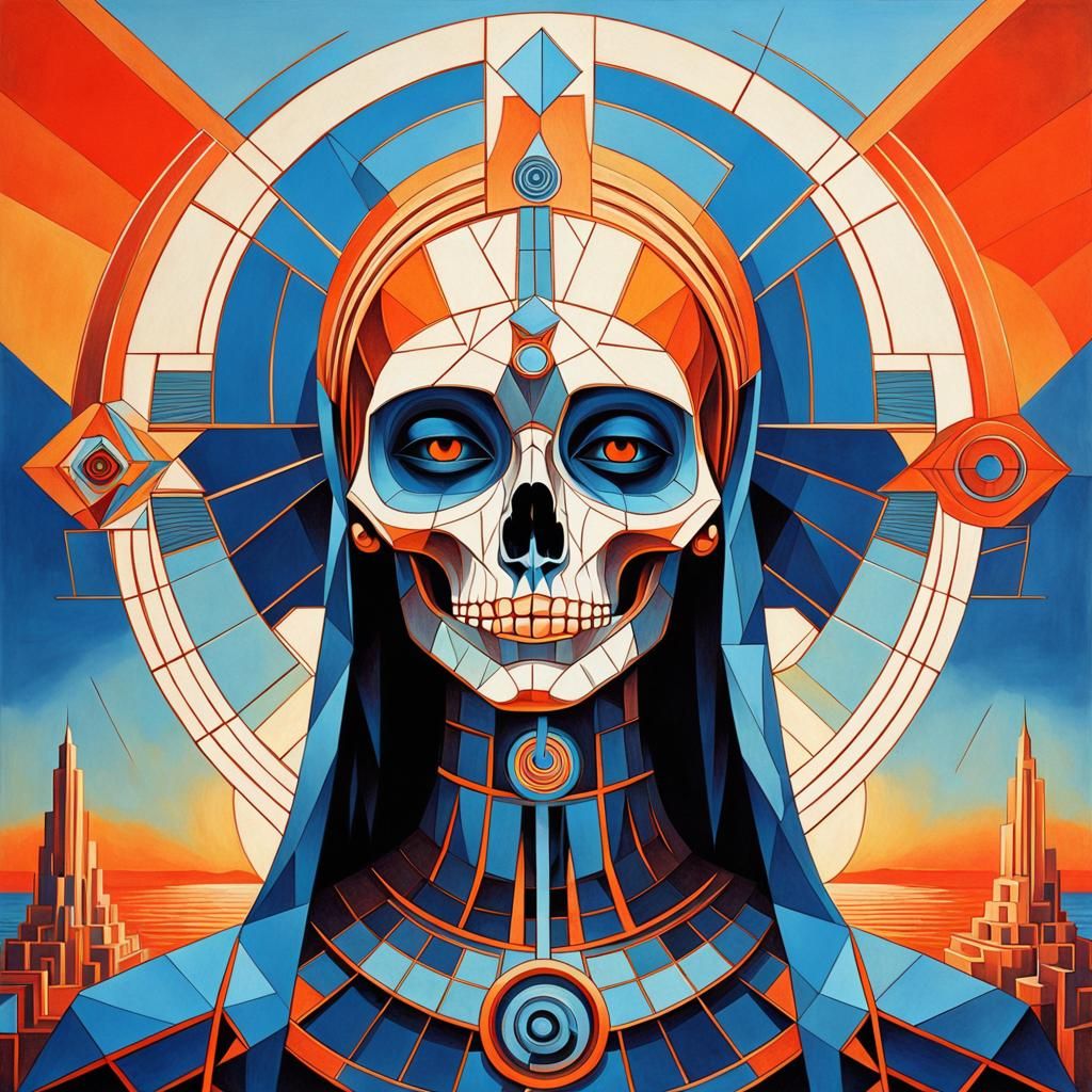 Art deco new skull woman electric orange sky blue sacred geo...