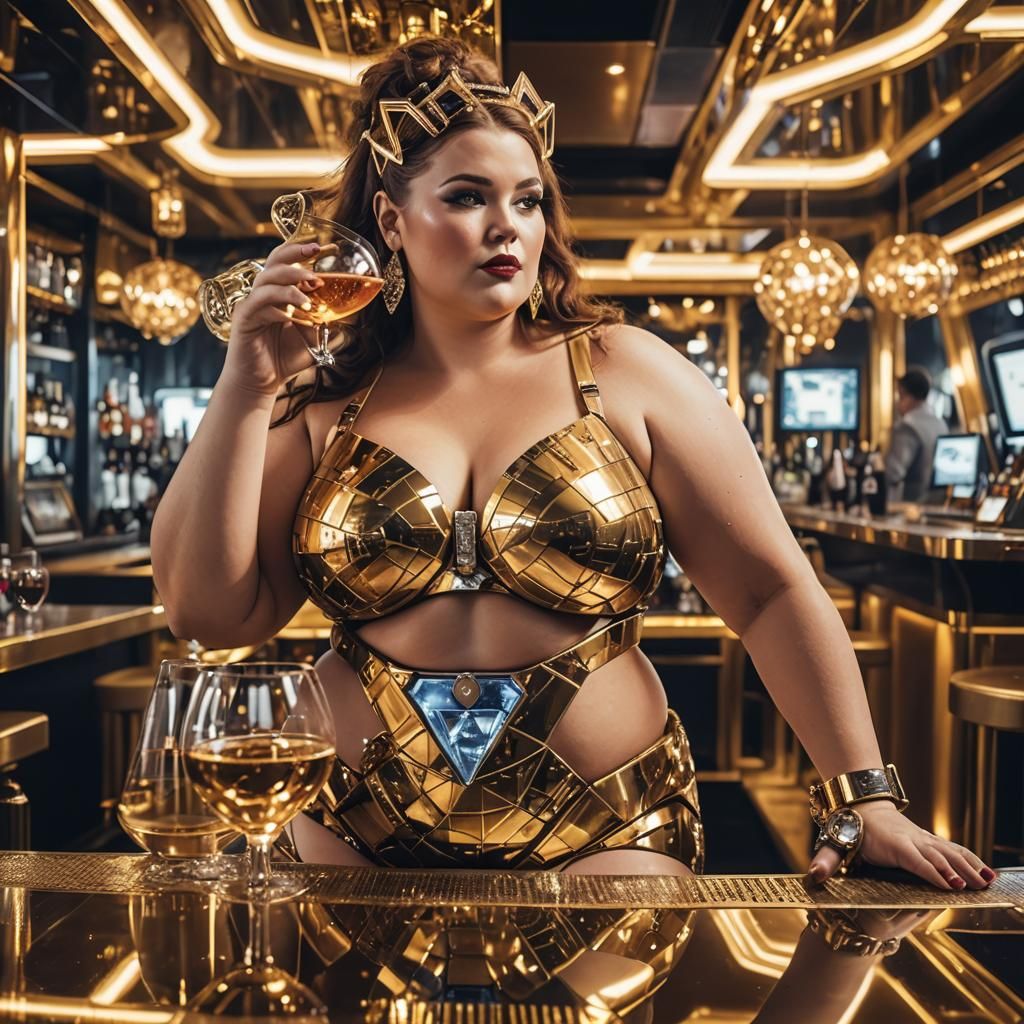 Futuristic Bar Scene: Woman in Diamond Bikini with Robot