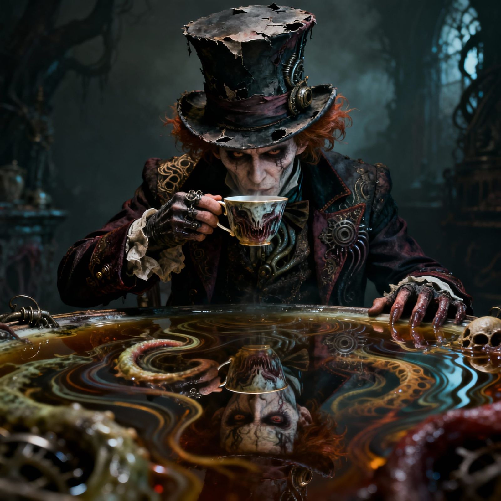 Mad Hatter's Twisted Reflection in Haunted Cup