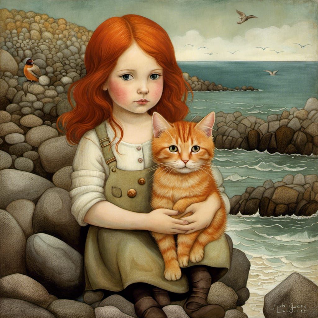 Redhead Toddler and Ginger Cat on Rocky Coast