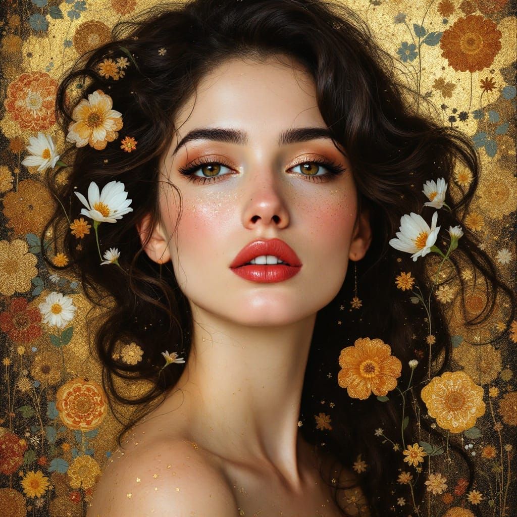 Gilded Portrait of a Stunning Lady in Art Nouveau Style