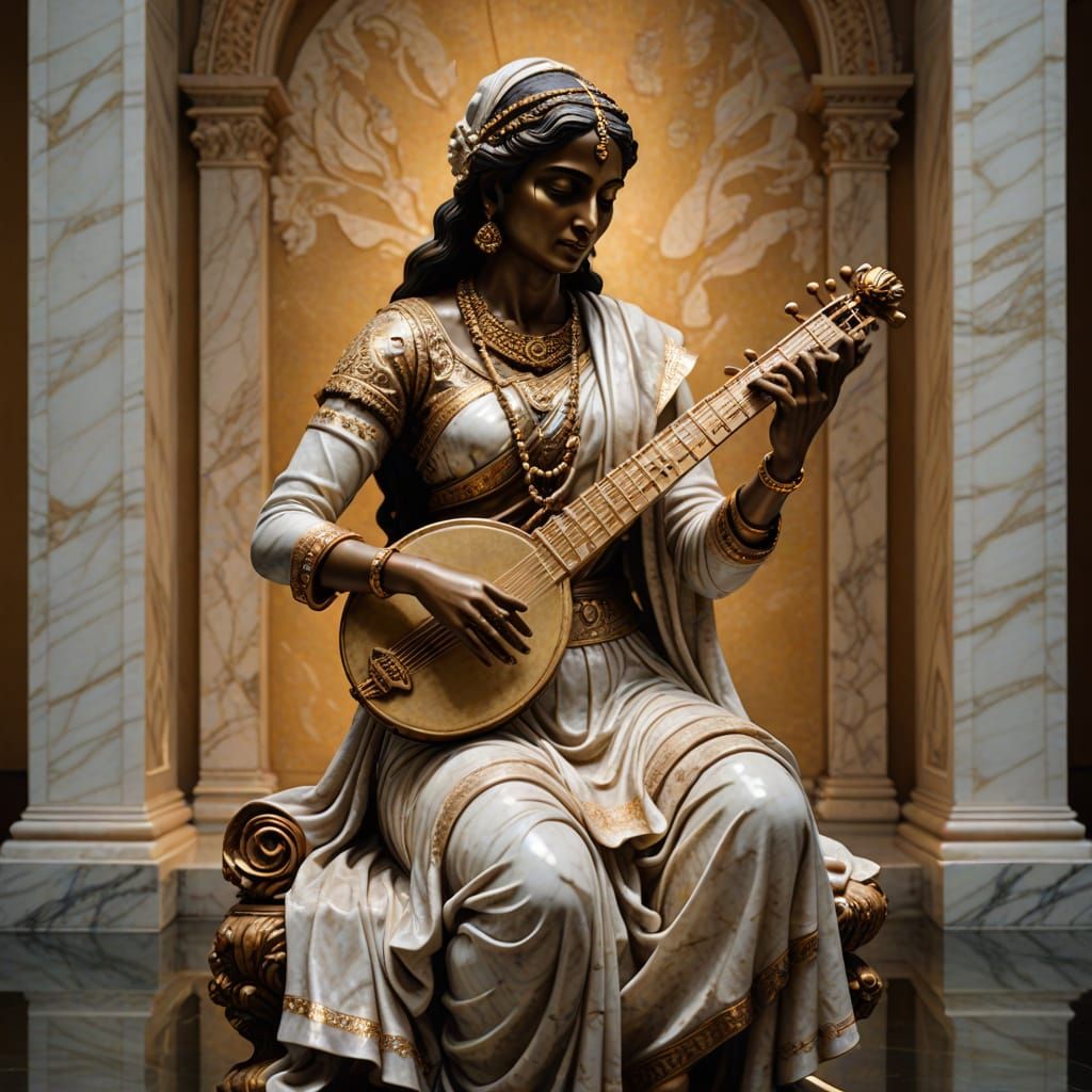 Baroque Indian Woman Sculpture with Musical Instrument