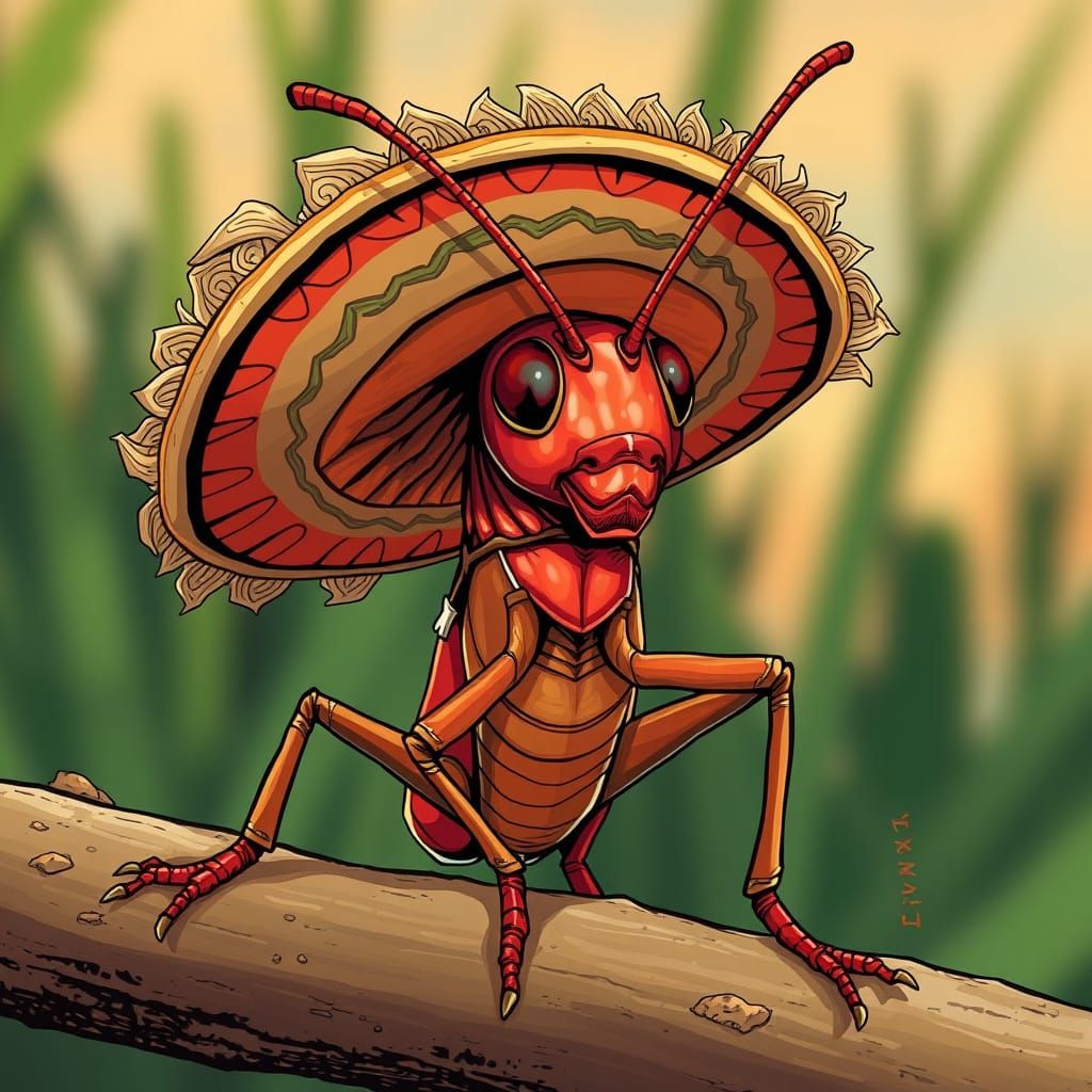 Red Grasshopper in Sombrero: Comic Book Art