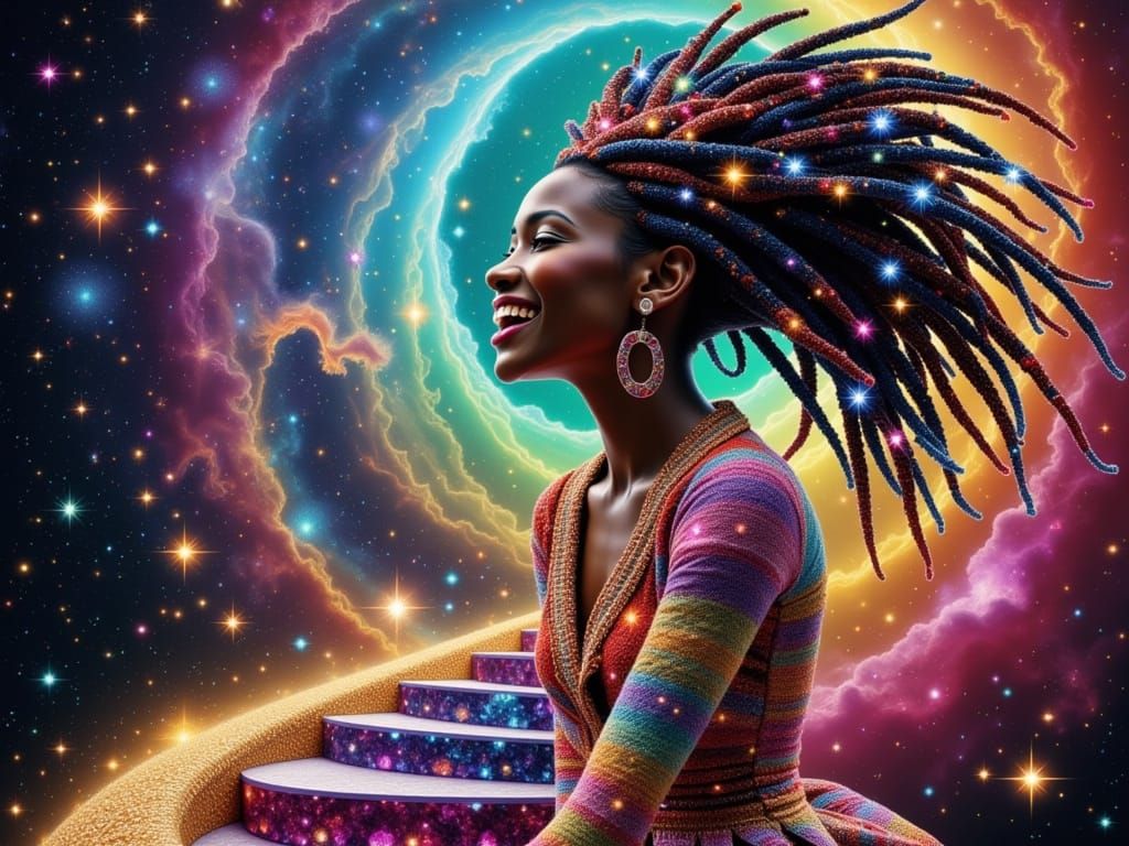 African Alien Woman Laughing on Gemstone Staircase