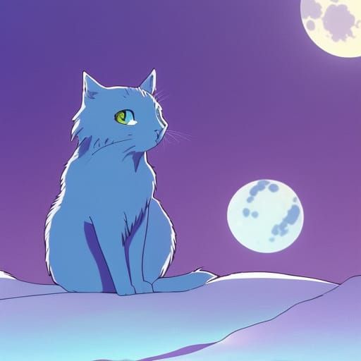 Blue and Purple Cat Stares at Moon: Ghibli Style