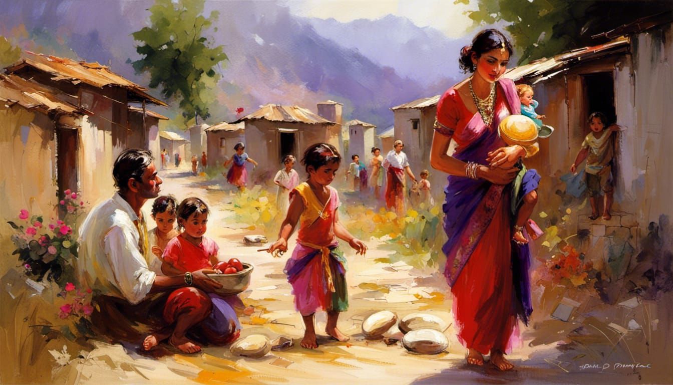 Most amazing art from India representing life in a country village in the mountains, by pino daeni