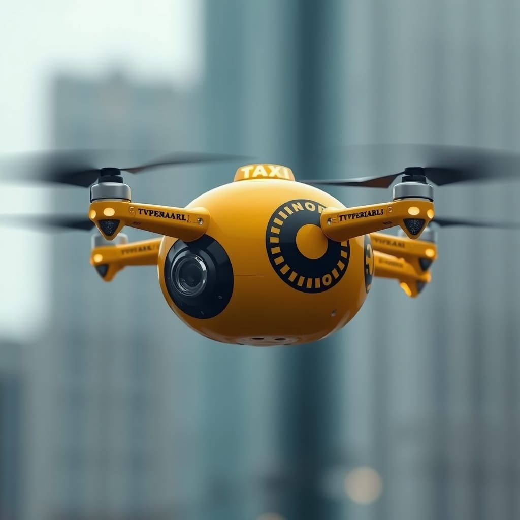 photography-effect glossy transparent bulbous yellow flying drone taxi adorned with overlapping yellow and black circles...
