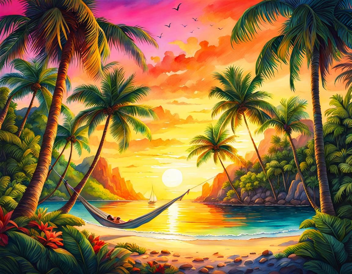 Tropical Island Sunset in Watercolor and Ink