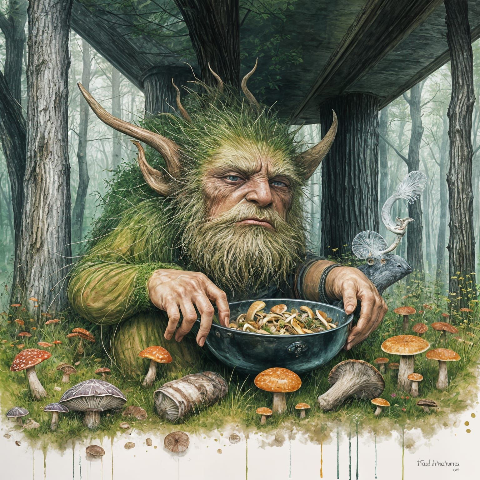 Forest Troll Fries Mushrooms: Gouache Watercolor Painting