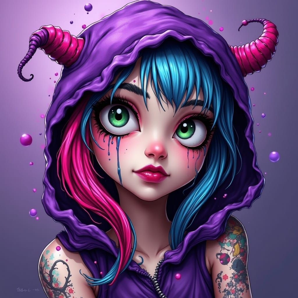 Person in Purple Monster Hoodie with Anime Influences