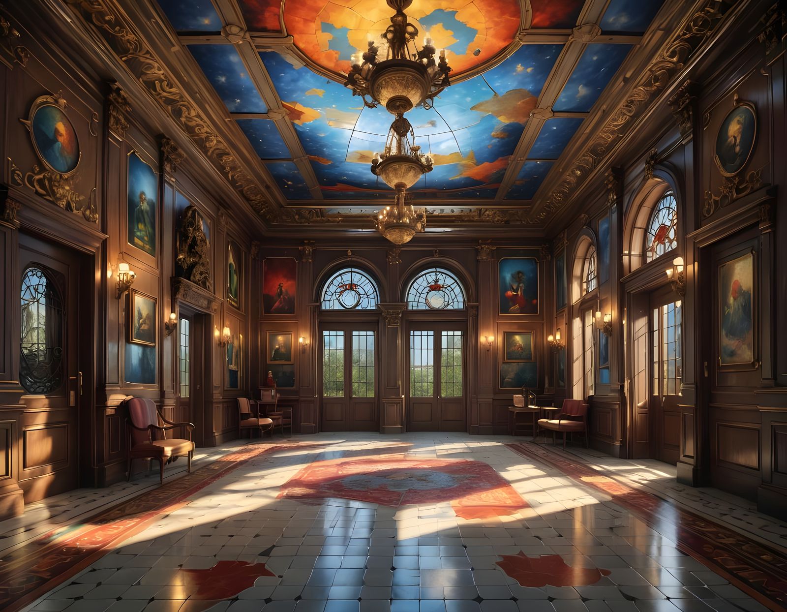 Photorealistic Mansion Hall with Radiant Sunlight