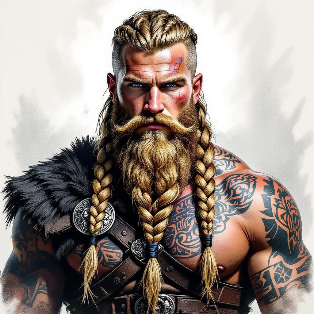 Blonde Viking Warrior Charcoal Drawing with Blue Eyes