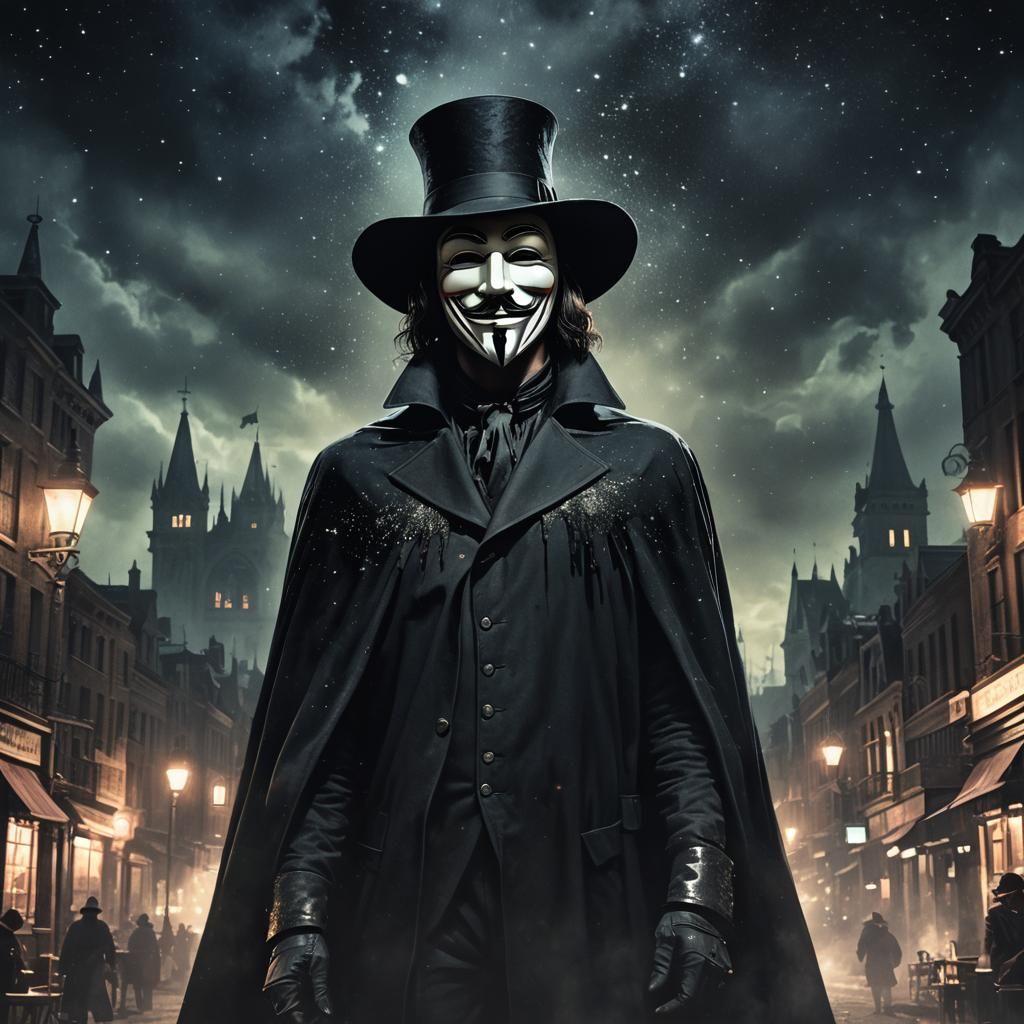 Guy Fawkes Masked Figure in Vaudeville Style