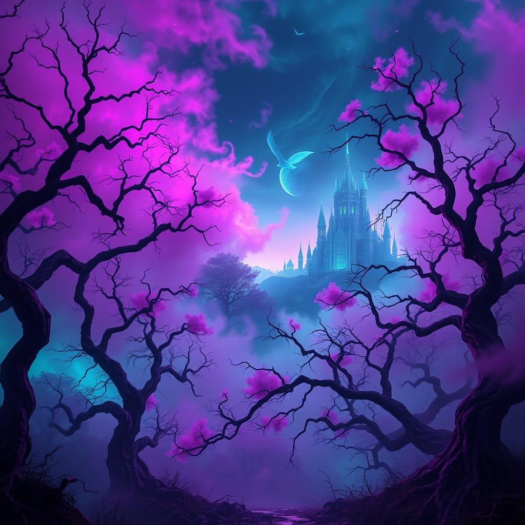 Ethereal Dreamscape of Gnarled Trees and Ghostly Palace