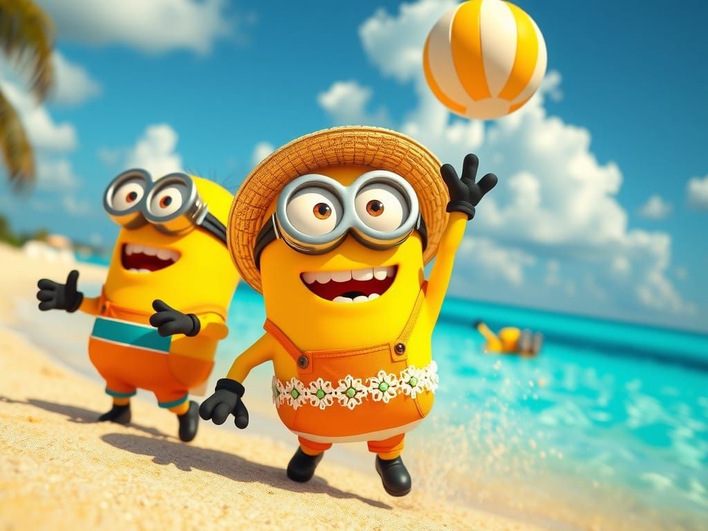 Vibrant Minions Beach Volleyball Scene in Whimsical Anime St...