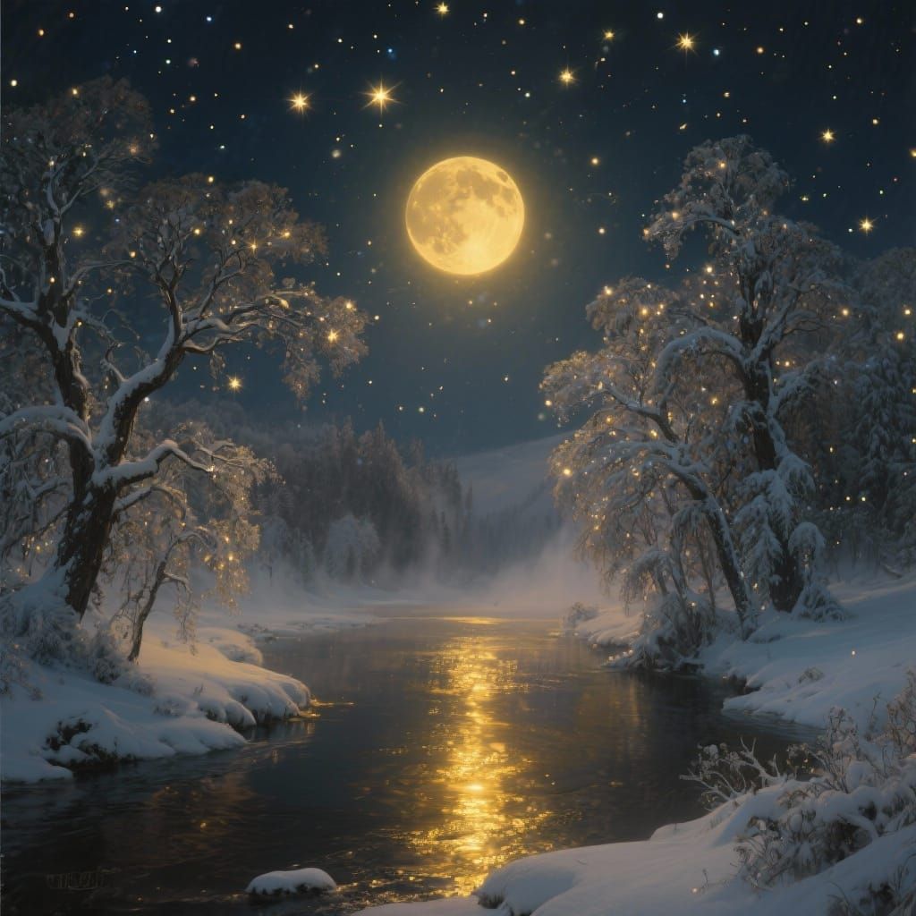 Serene Winter Night Landscape with Glowing Moon