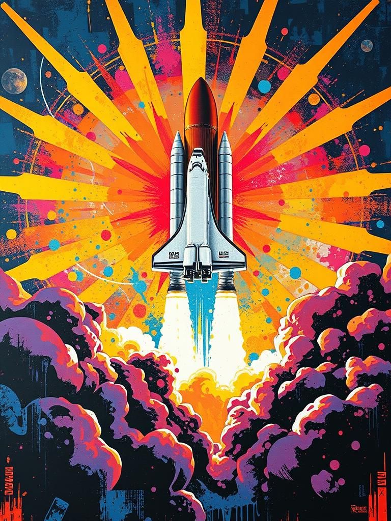 Space Shuttle Columbia Launch in Pop Art Style