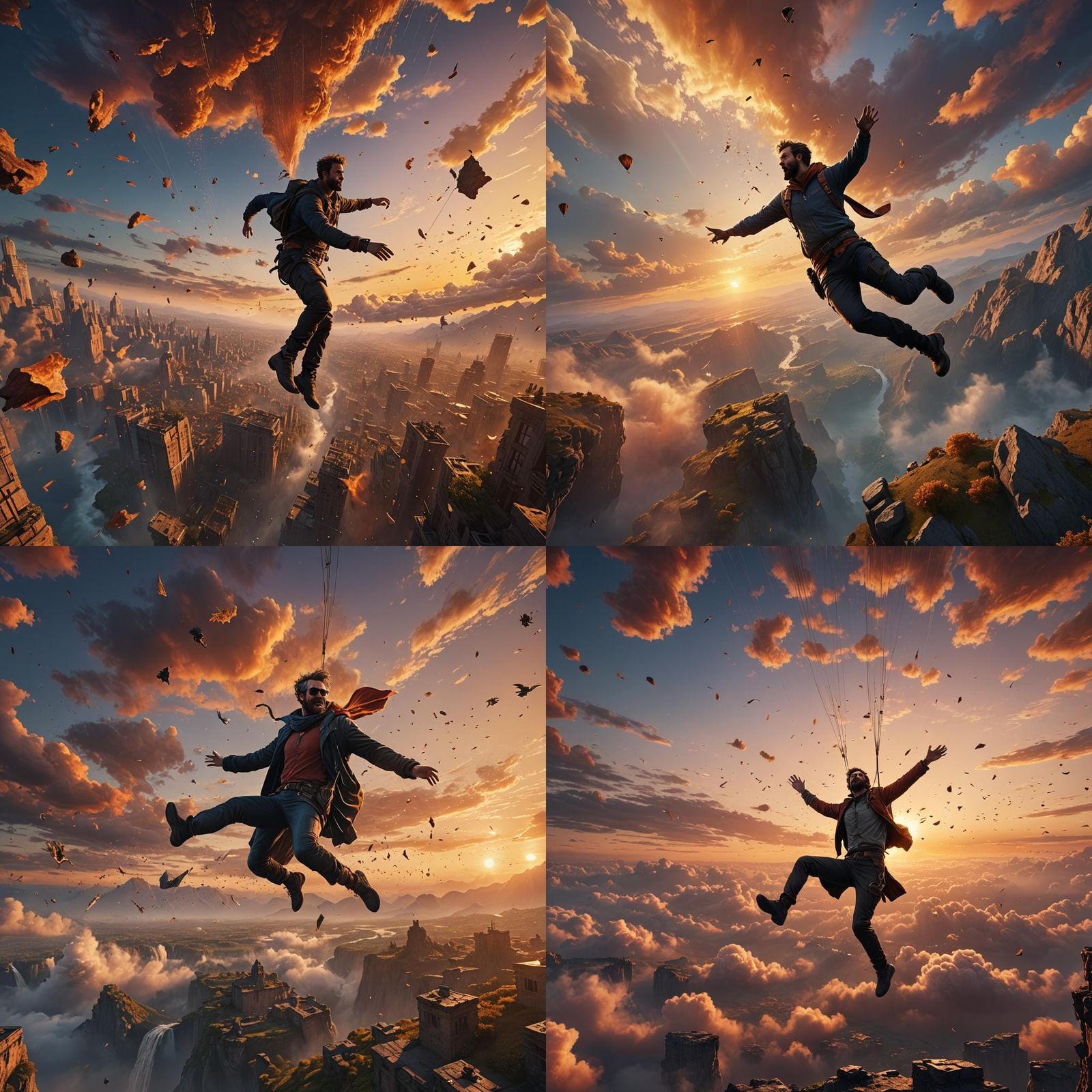Man Freefalling at Sunset, Fantasy Concept Art