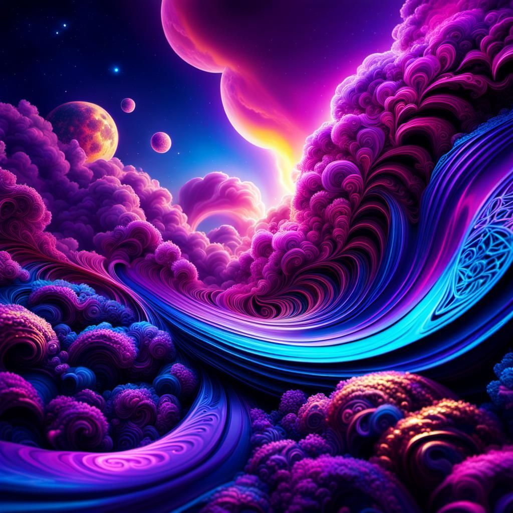 Vibrant Blue Sky with Pink Clouds in Cosmic Illustration