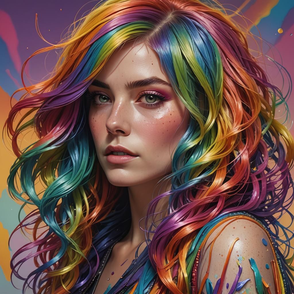 Rainbow Hair Portrait in Hyperrealistic Style
