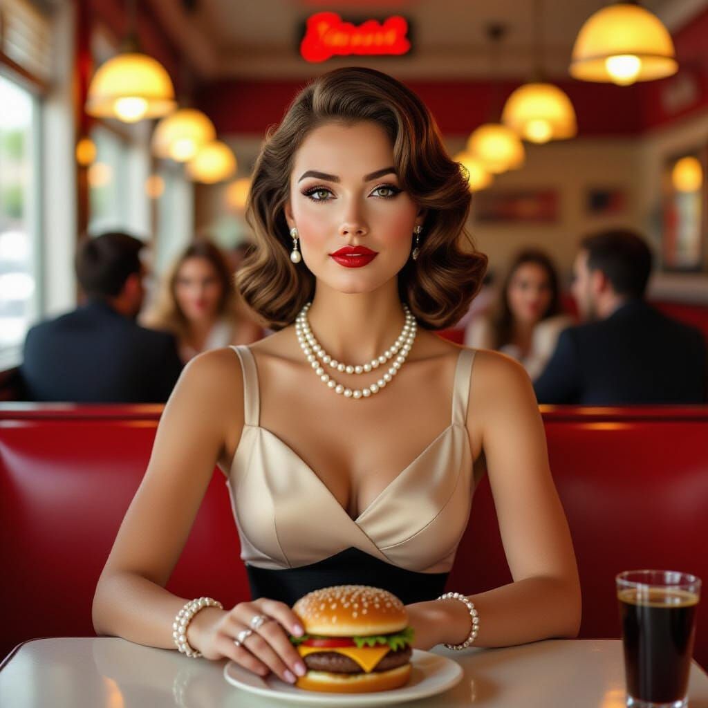Elegant Woman at Diner Table, Timeless Retro Style