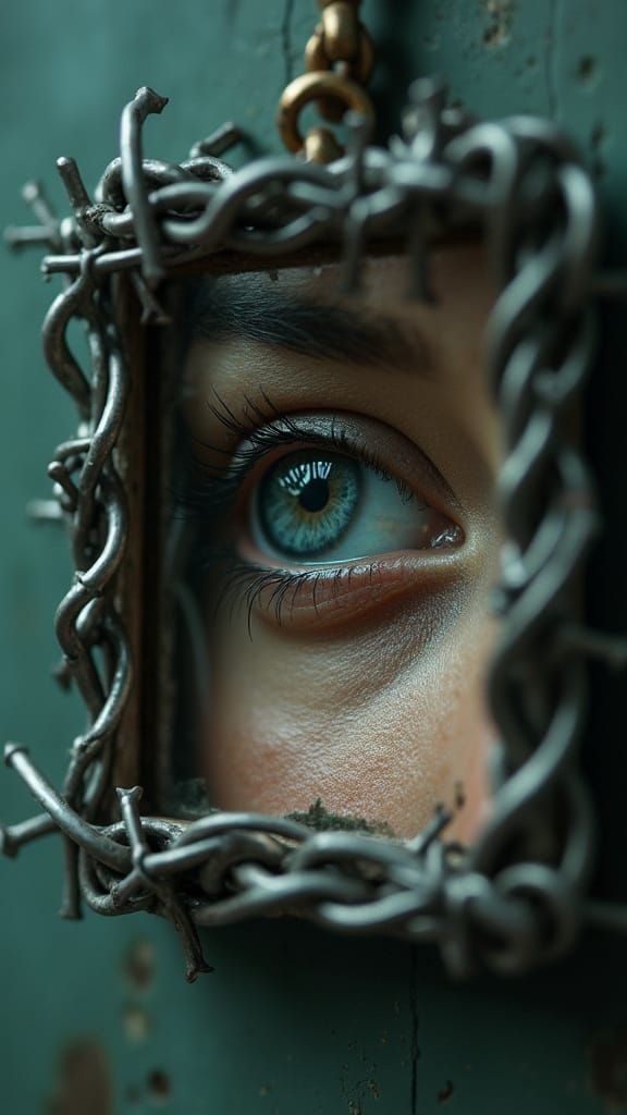 Haunting Gaze Reflected in Barbed Wire Mirror