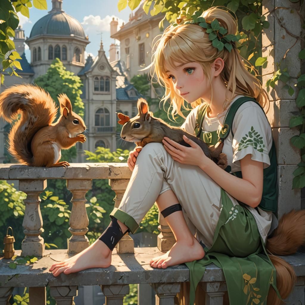 Blonde Girl and Squirrel in Anime 3D Art