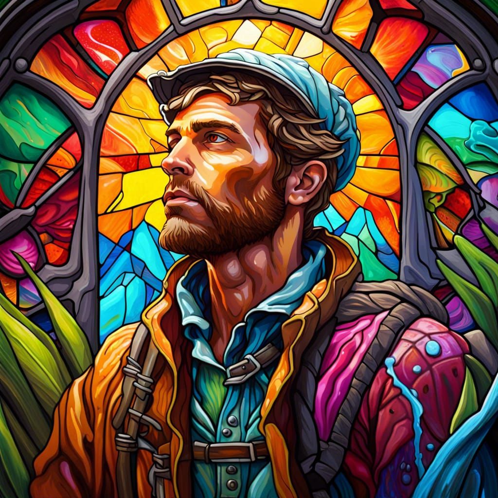 Stained Glass Explorer on Alien Planet in Graffiti Art Style