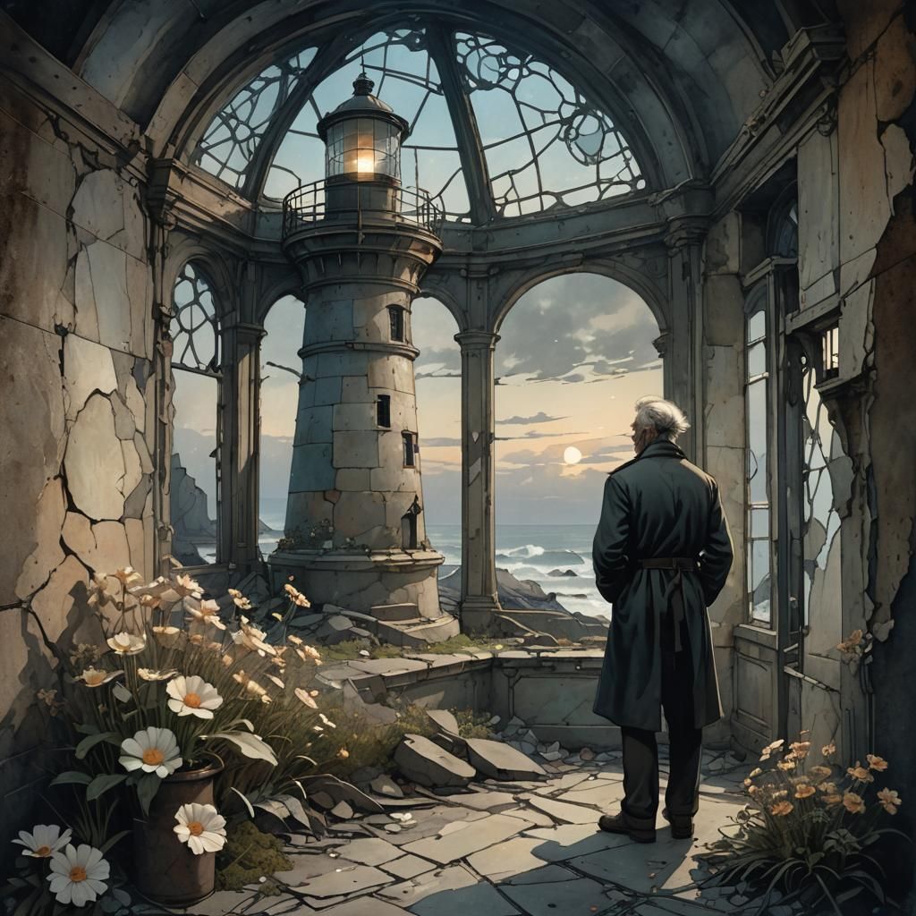 Lighthouse Keeper in Art Nouveau Watercolor Style