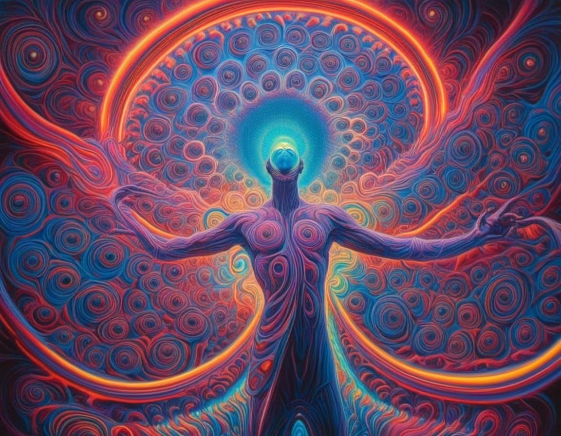 Surreal Bioluminescent Figure in Neon Vortex