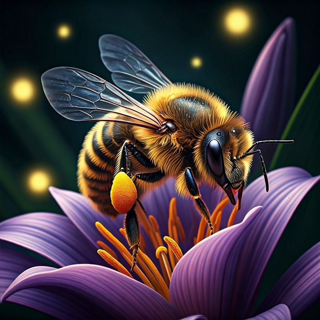 Majestic Fuzzy Honey Bee on Violet-Lily Flower