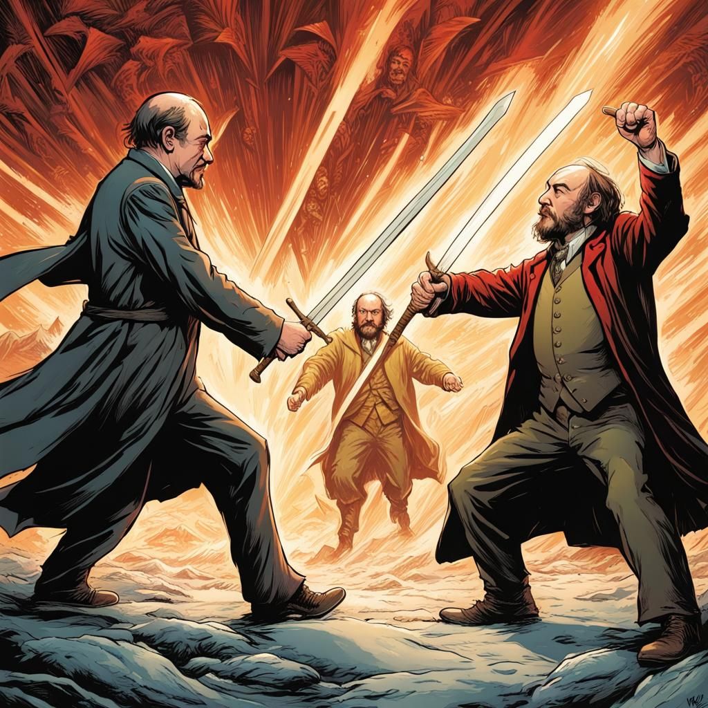 Lenin and Hobbit Sword Fight in Comic Book Art