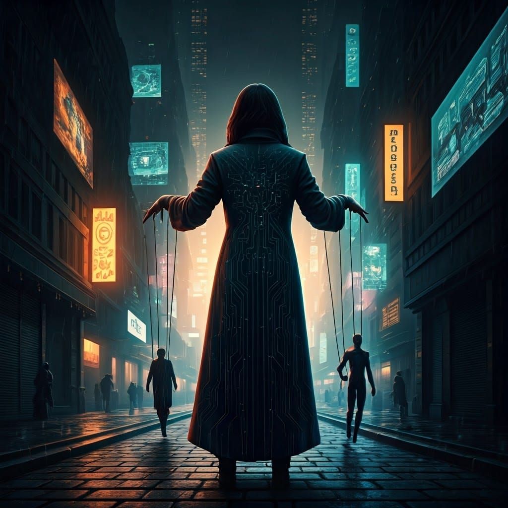 Mysterious Sorceress Controls Futuristic Marionette in Neon-...