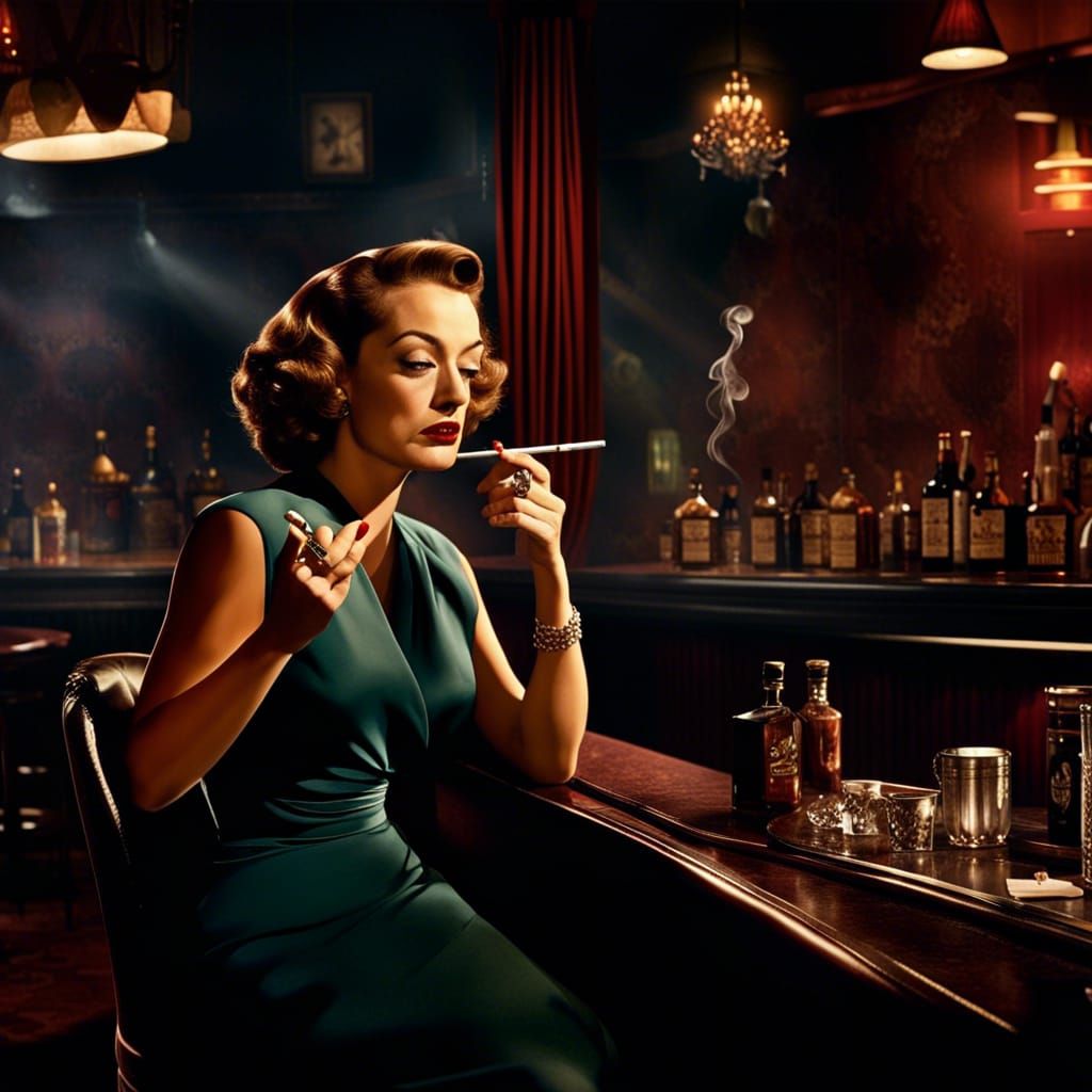 Joan Crawford in a Film Noir Bar, Detailed Matte Painting
