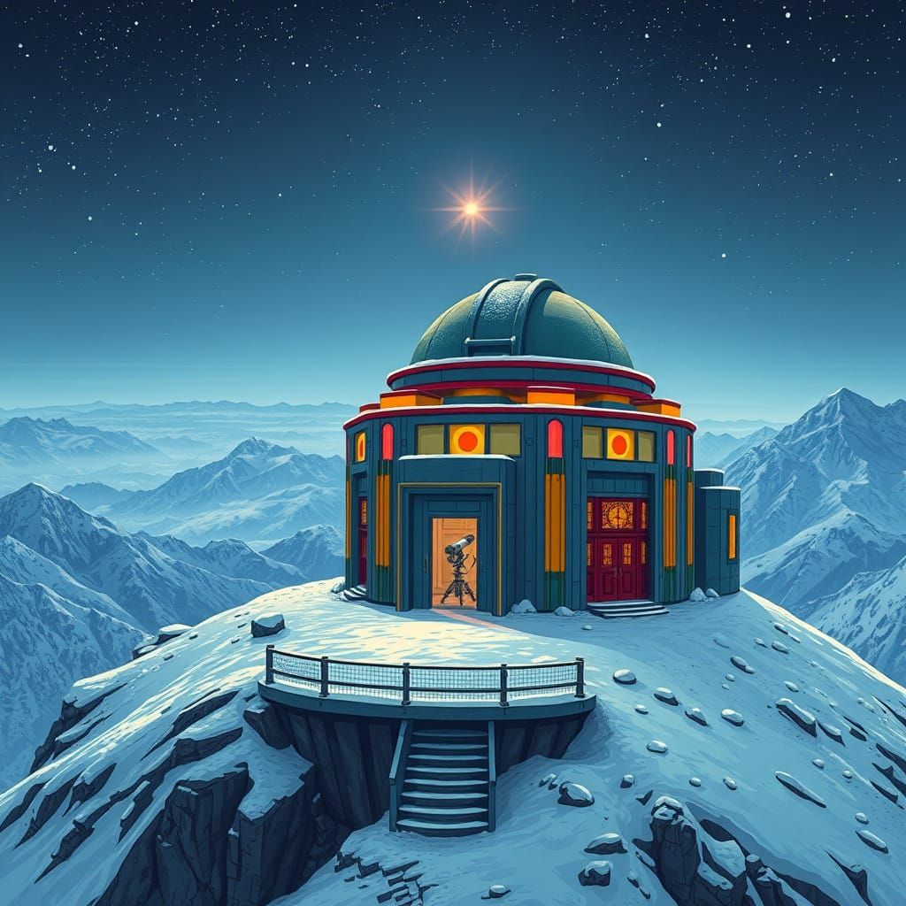 Abandoned Art Deco Observatory in Snowy Mountain Landscape