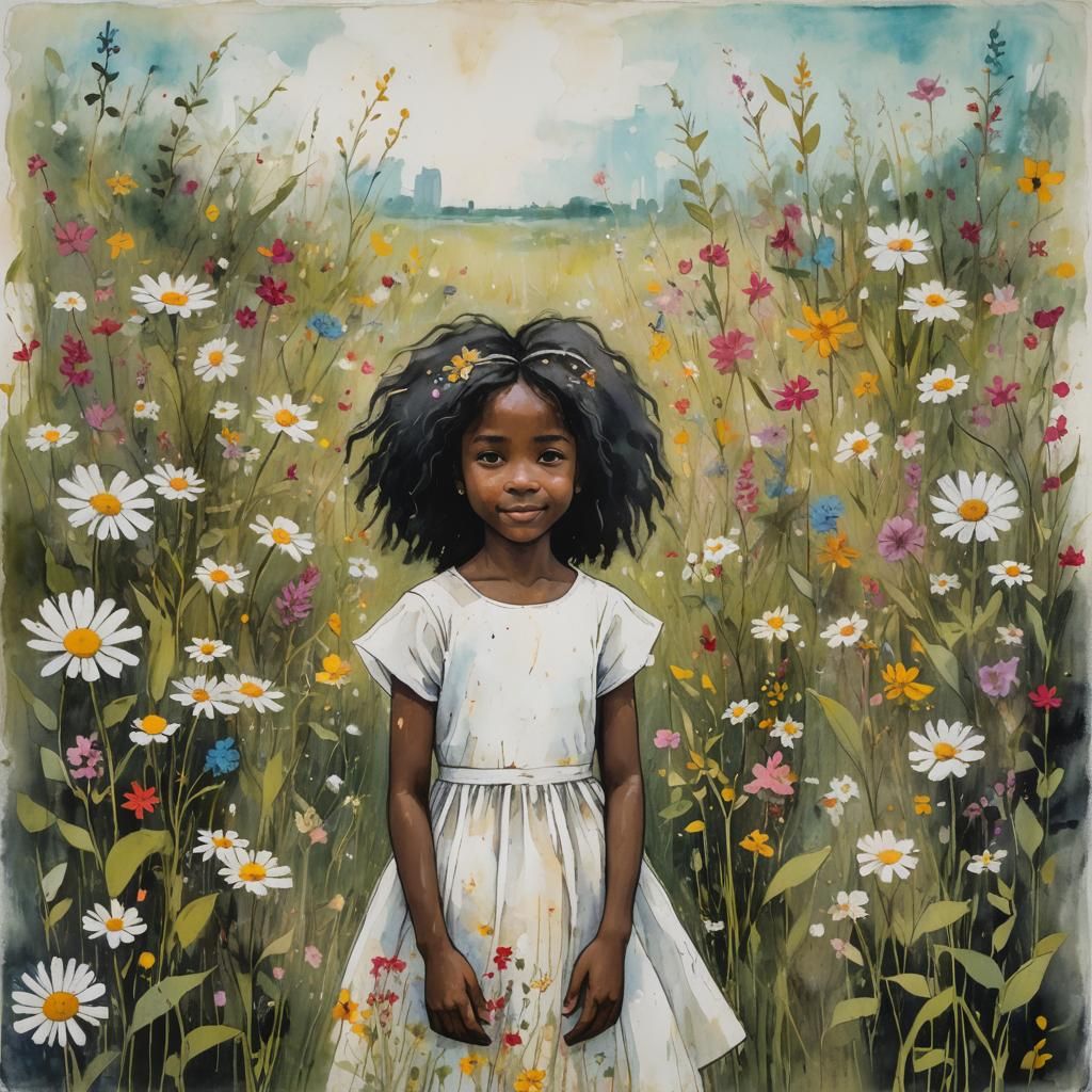 Whimsical Portrait of Girl in Meadow, Encaustic Watercolor