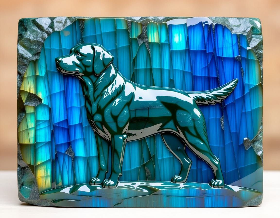 Labrador Dog Bas-Relief Sculpture in Labradorite