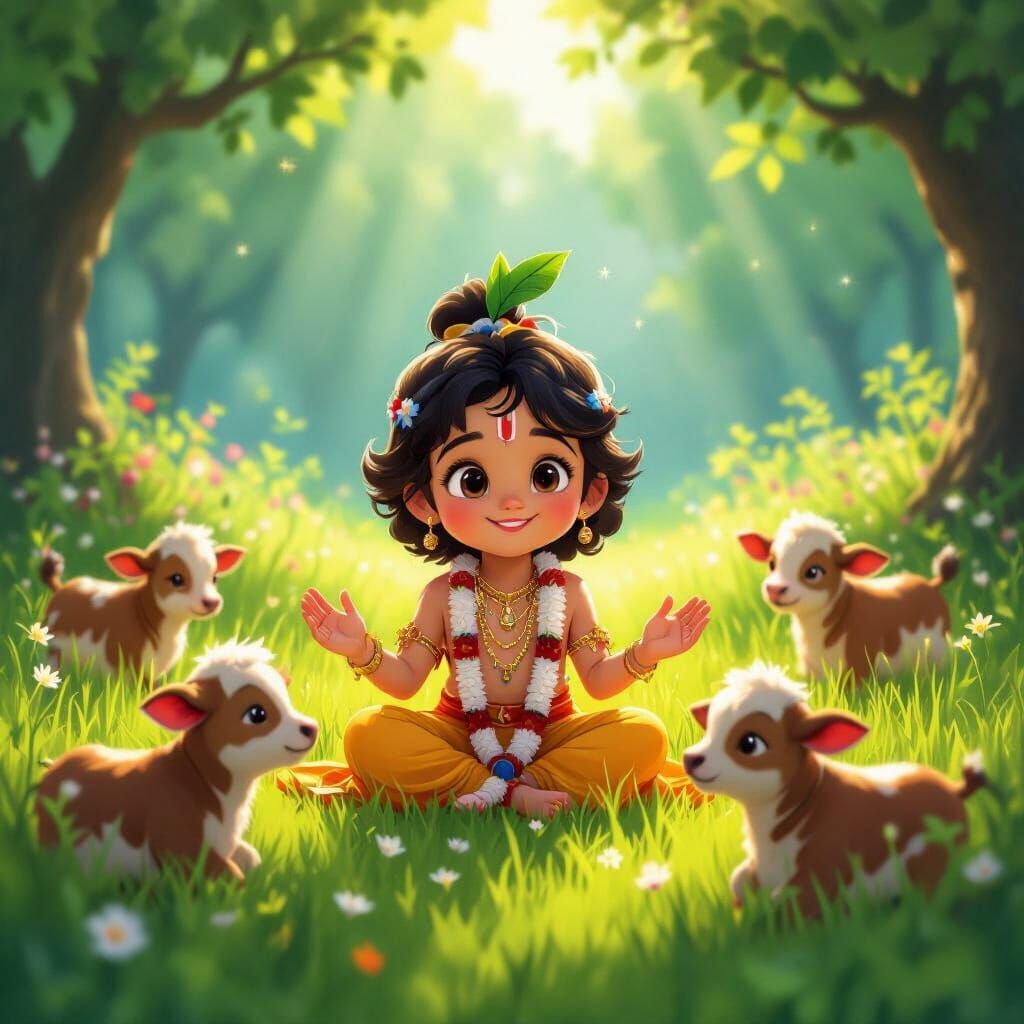Joyful Krishna with Calves in Enchanting Meadow