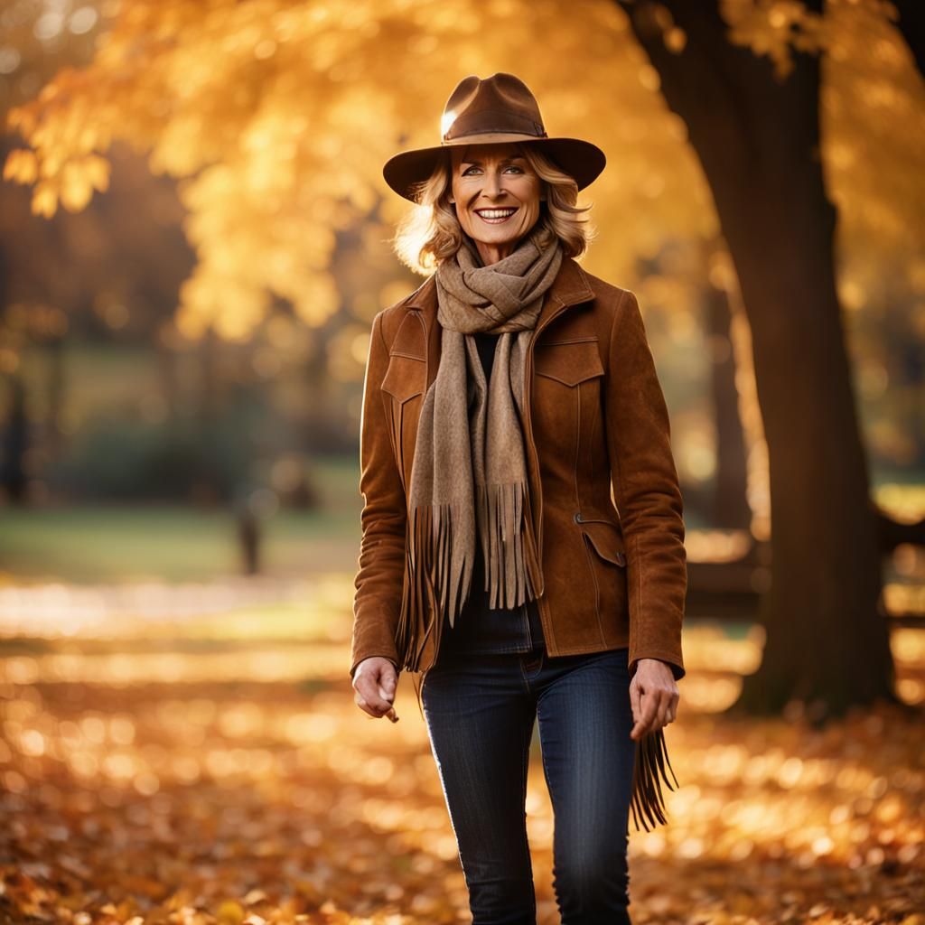Happy Woman Walking in Autumn Park at Golden Hour