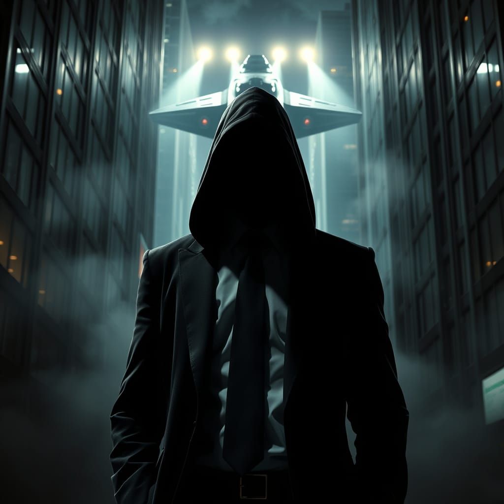 Shadowy Corporate Infiltrator in Dystopian Metropolis at Nig...