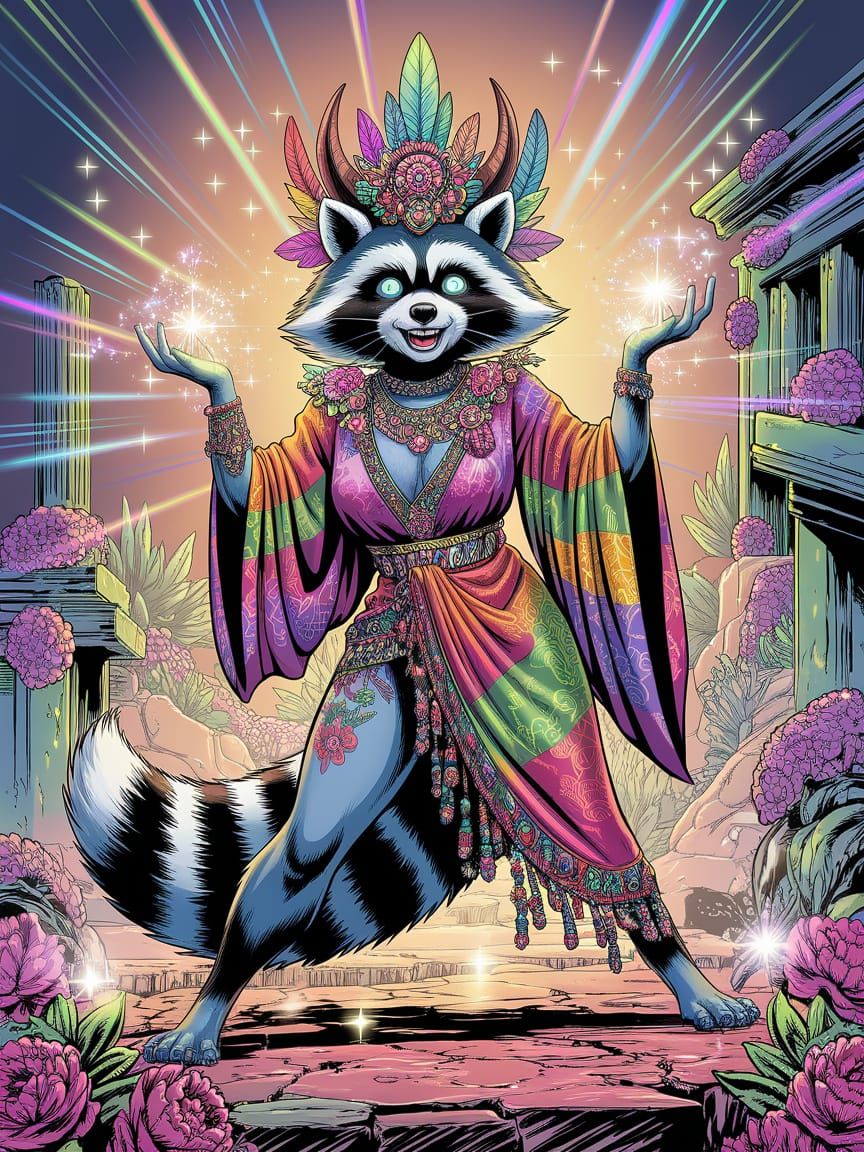 Surreal Fantasy Raccoon Goddess in Comic Style