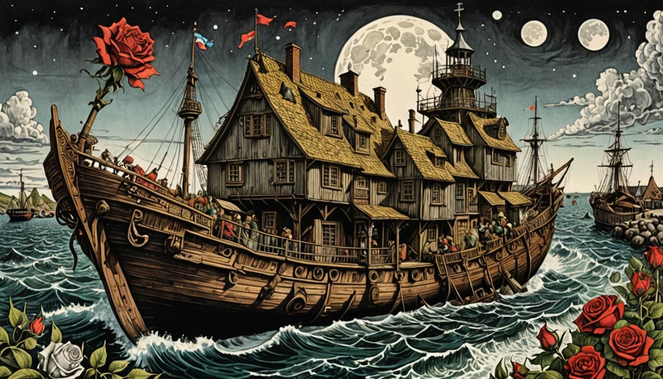 Surreal Voyage to the Moon, Pen and Ink Drawing