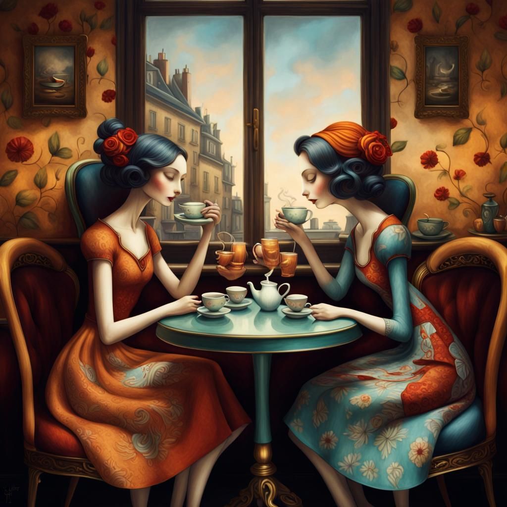 Two Ladies at Cafe Table in Whimsical Style