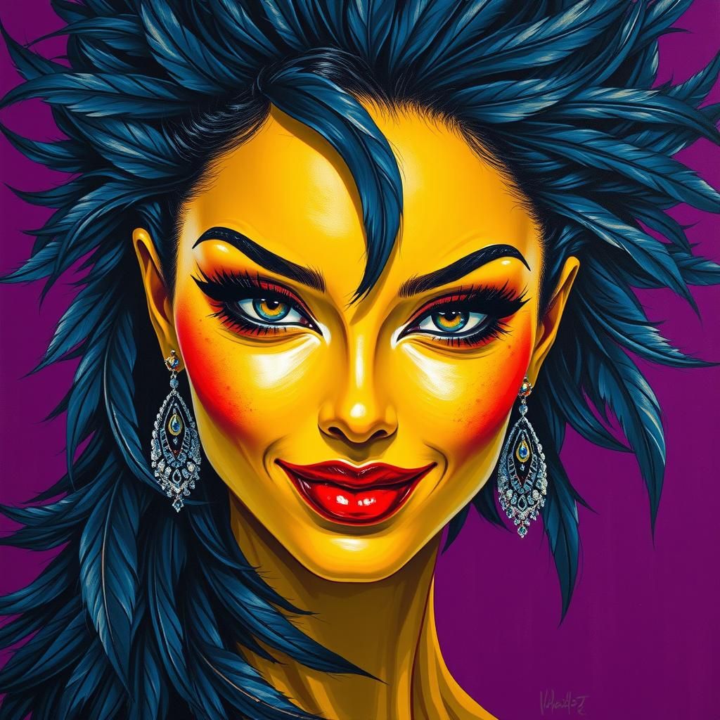Striking Graffiti Art Portrait of Woman with Feathers