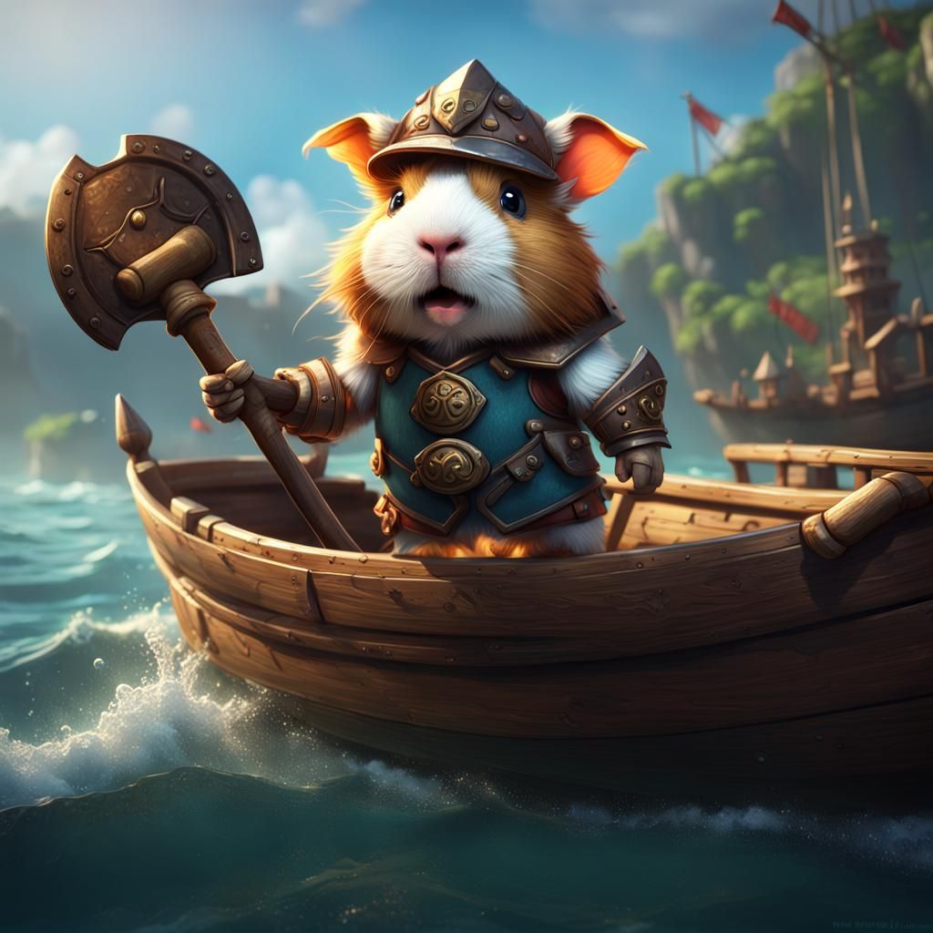 Guinea Pig Yordle on Fishing Boat: Fantasy Art