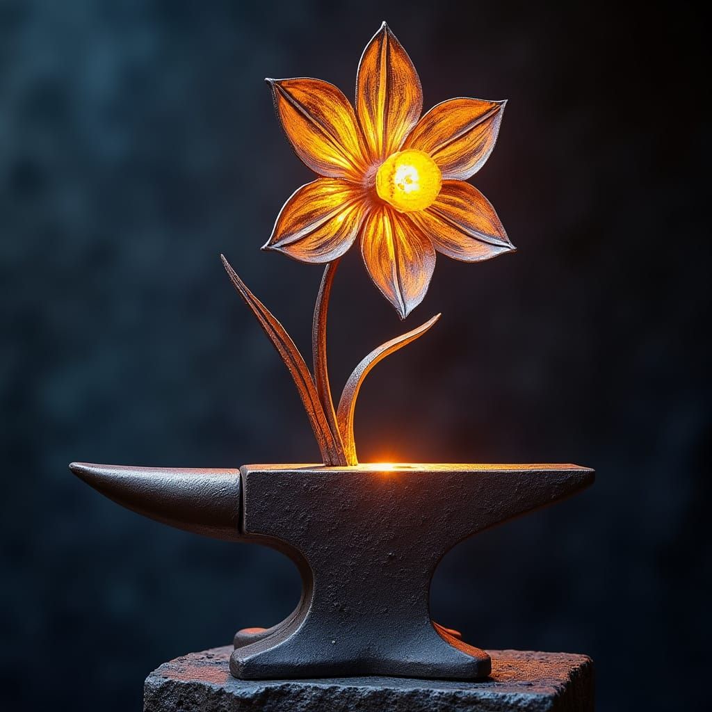 Golden Daffodil Sculpture on Anvil in Whimsical Metalwork St...