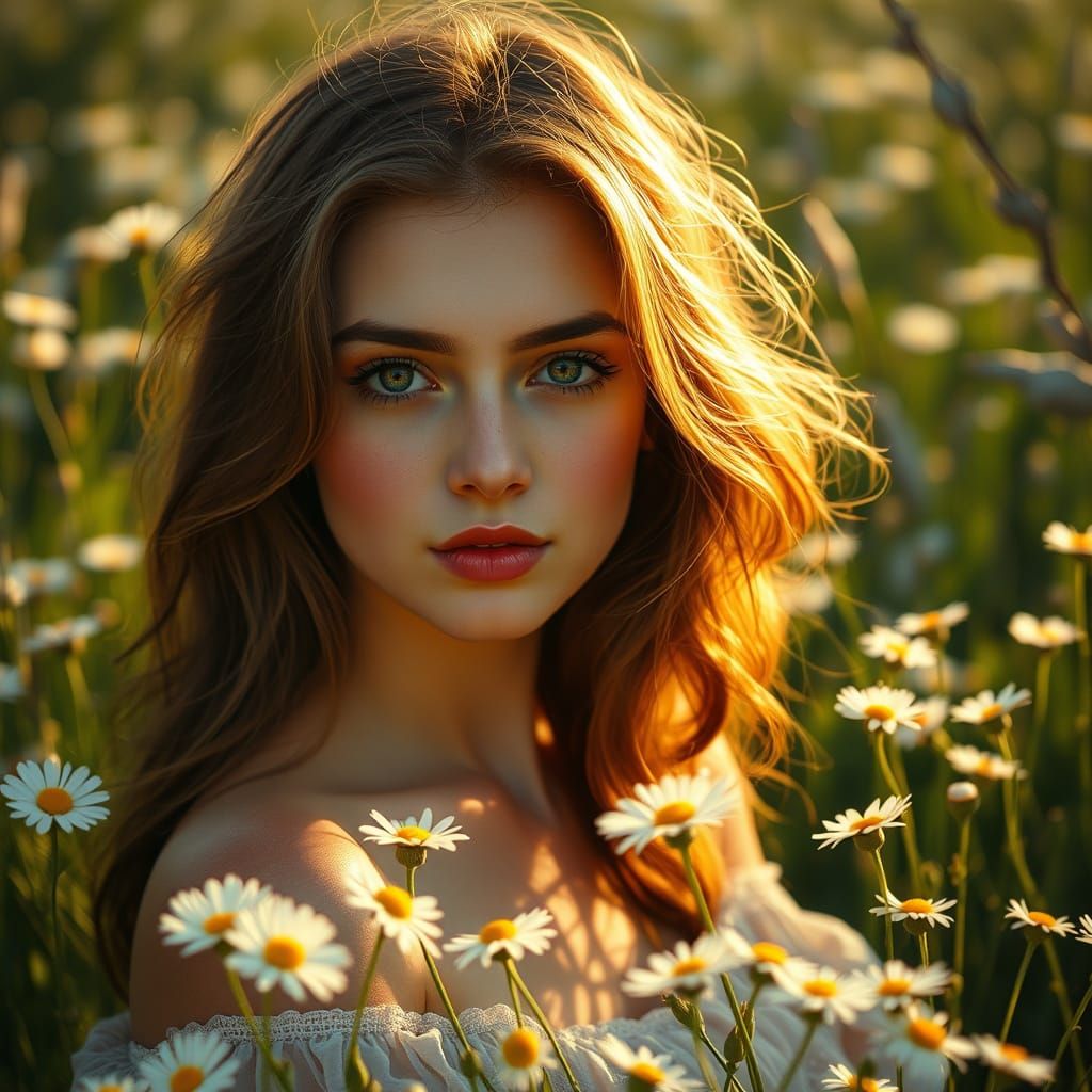 Dreamy Gouache Painting of Woman in Meadow