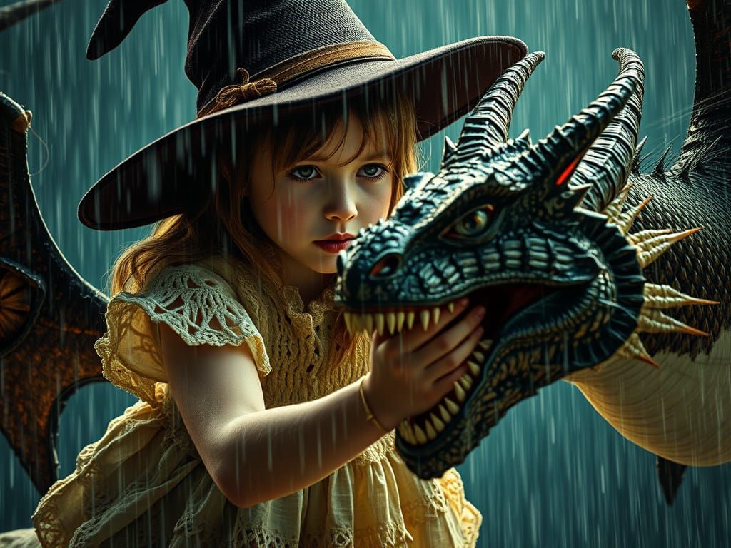 Girl Wrestles Dragon in Rain, Surreal Fine Art