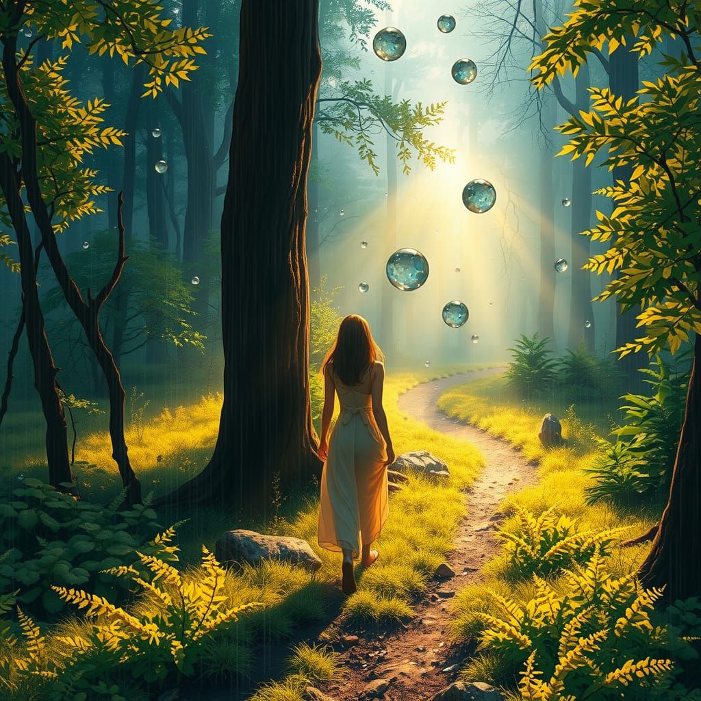 Woman in Dancing Forest, Summer Rain, Atmospheric Landscape